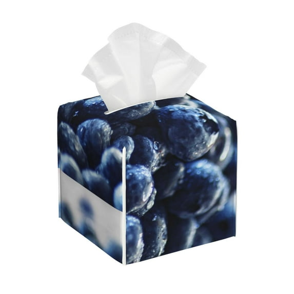 Kdxio Blueberry Print Tissue Box Cover,Square Decorative PU Leather Facial Paper Case Organizer Holder Dispenser for Bathroom,Night Stands,Desk,Car 5.2''X5.2''X5.2''