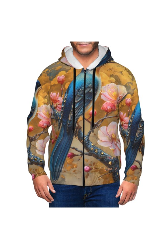 Bluebird Blossom Elegance Print Men Hoodies Casual Hoodies for Men with Zip Pockets Full Zip Long Sleeve Sweatshirt Sports Hooded Jacket-XX-Large