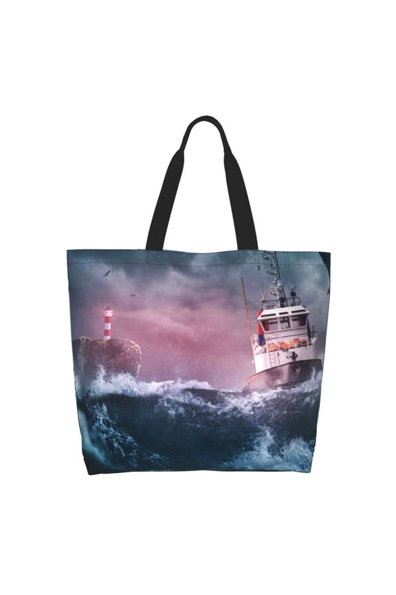 Boat Lighthouse Storm Waves Casual Tote Bags Women Big Capacity Shoulder Bag for Women Travel Shoulder Bags Handbags