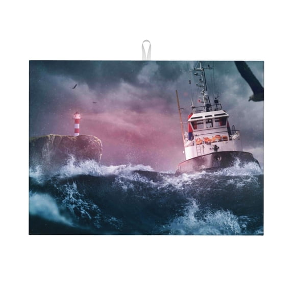 Kdxio Boat Lighthouse Storm Waves for Dish Drying Mat,24*18 inch Absorbent Dish Drainer Kitchen Counter,Large Size Dish Drying Pad for Countertops,Draining Racks