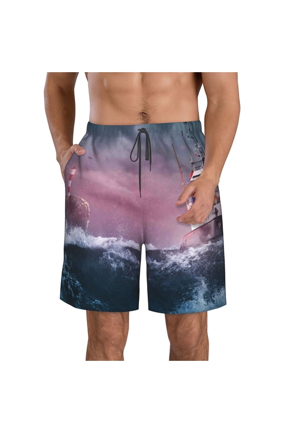 Boat Lighthouse Storm Waves Pattern Mens Casual Shorts - Drawstring Summer Beach Sports Shorts for Men