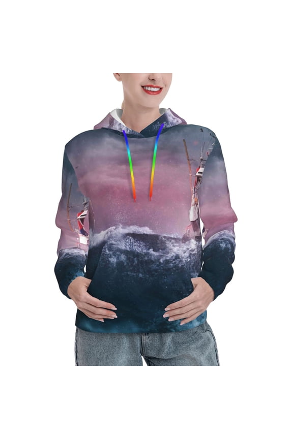 Boat Lighthouse Storm Waves Print Womens Oversized Hoodies Sweatshirts Hooded Pullover Tops Sweaters Casual-XX-Large