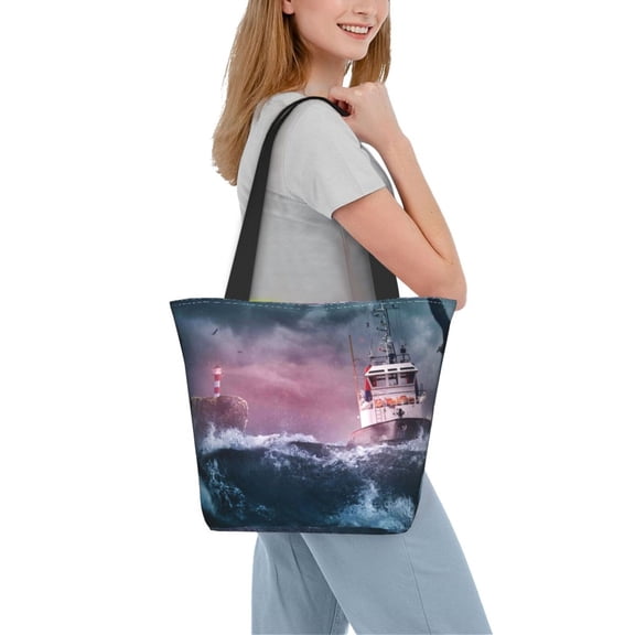 Kdxio Boat Lighthouse Storm Waves Women Reusable Grocery Bags Foldable Ripstop,Reusable Shopping Bags for Shopping,Gym,Gift