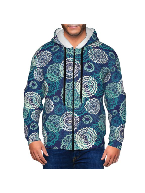 Bohemian Mandala Print Men Hoodies Casual Hoodies for Men with Zip Pockets Full Zip Long Sleeve Sweatshirt Sports Hooded Jacket-Large