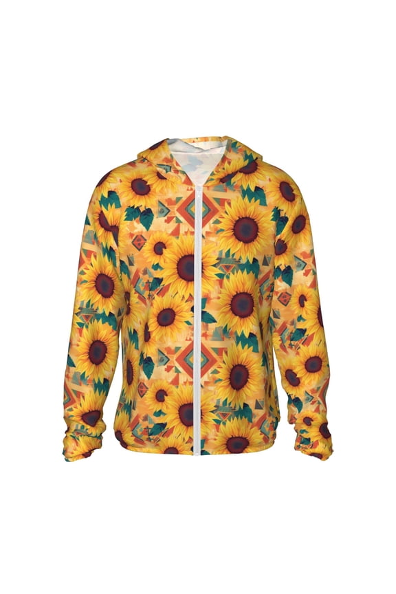 Bohemian Sunflower Print Women Men Sun Protection UPF 50+ Jackets Zip Up Long Sleeve Hoodie Hiking Lightweight with Pockets