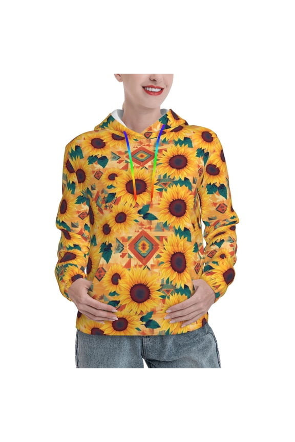 Bohemian Sunflower Print Womens Oversized Hoodies Sweatshirts Hooded Pullover Tops Sweaters Casual-Medium