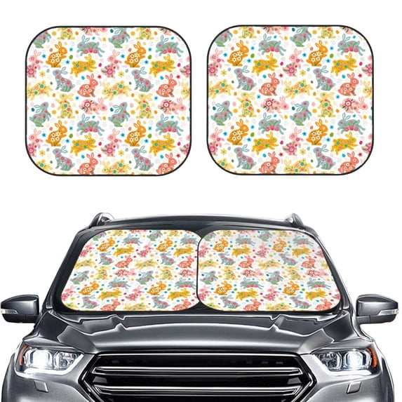 Kdxio Boho Bunny Print 2-Piece Sun Shade Front Windshield - Foldable Car Front Window Sunshades for Most Sedans SUV Truck