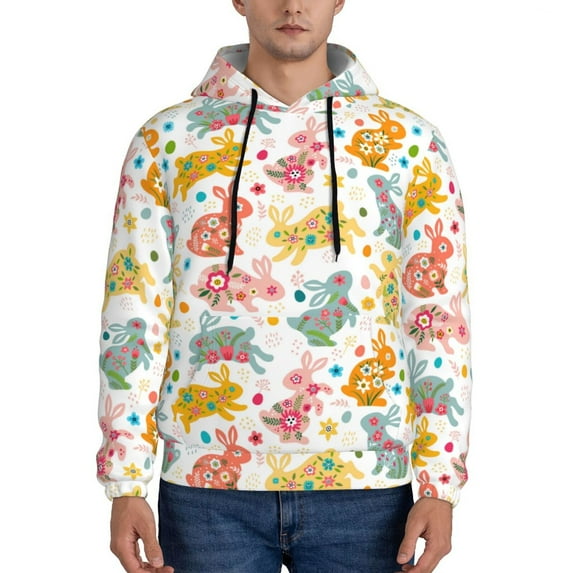 Kdxio Boho Bunny Print Mens Casual Hooded Collar Drawstring Hoodies Pullover Sweatshirts Casual Long Sleeve Shirts-Medium