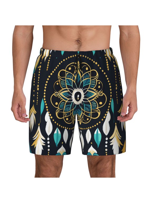 Boho Dreamcatcher Print Men's Swim Trunks with Compression Liner 7 Inch Inseam Quick Dry Swim Shorts