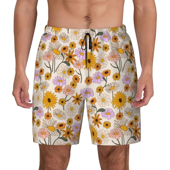 Kdxio Boho Flowers Print Men's Swim Trunks with Compression Liner 7 Inch Inseam Quick Dry Swim Shorts
