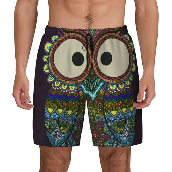 Kdxio Boho Owl Print Men'S Swim Trunks With Compression Liner 7 Inch Inseam Quick Dry Swim Shorts