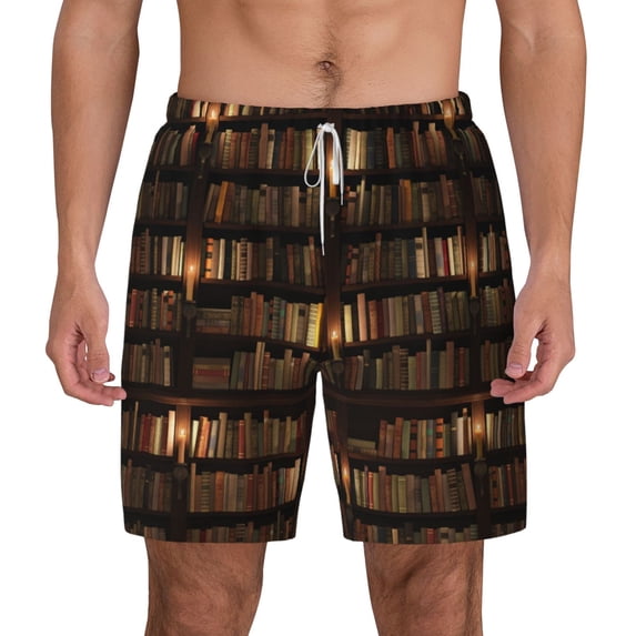 Kdxio Bookshelves Print Men'S Swim Trunks With Compression Liner 7 Inch Inseam Quick Dry Swim Shorts