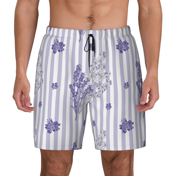 Kdxio Bouquet And Lavender Flowers Print Men'S Swim Trunks With Compression Liner 7 Inch Inseam Quick Dry Swim Shorts