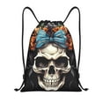 thumbnail image 1 of Kdxio Bow Flower Skull Print Drawstring Backpack Bag,Waterproof Draw String Back Sack, Gym Drawstring Bags Swim Bag For Unisex, 1 of 1