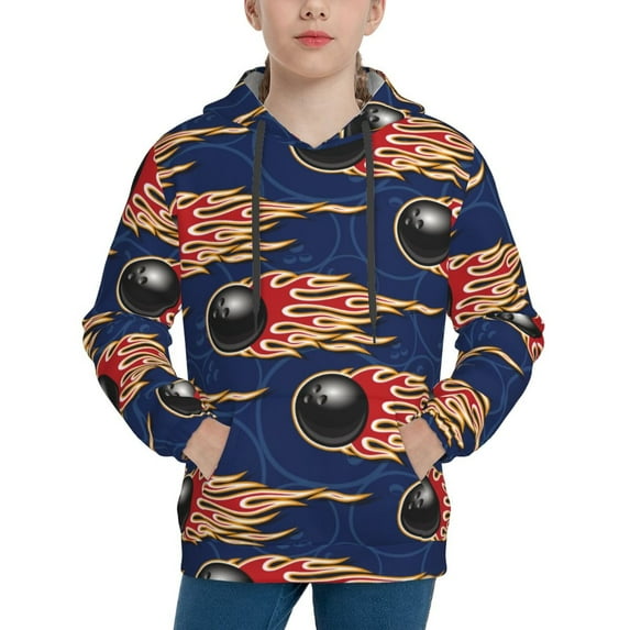 Kdxio Bowling Ball And Flame Pattern Boys Athletic Unisex Boys Girls Hoodie with Pocket Sweatshirts-X-Large