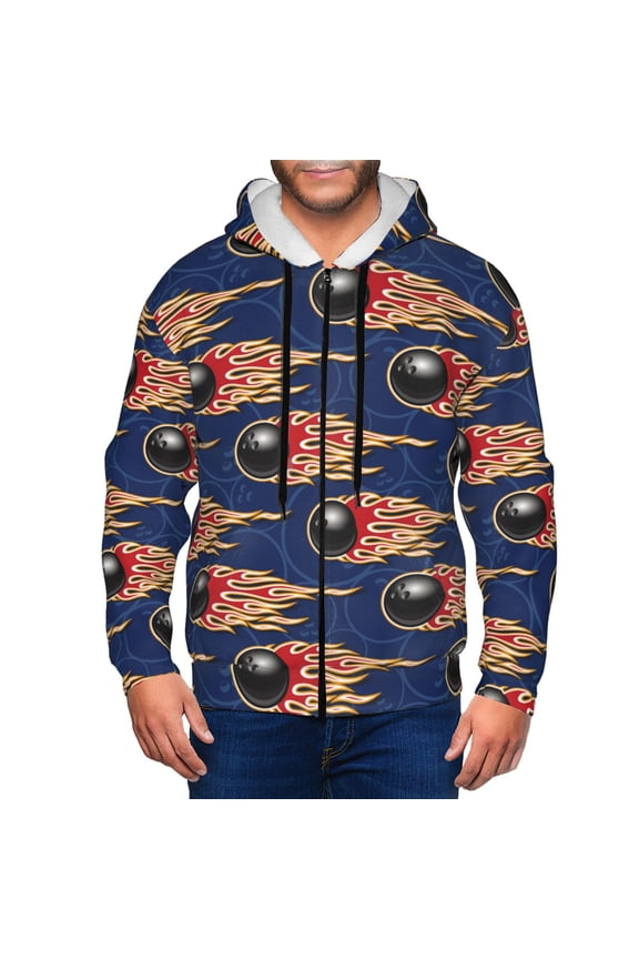 Bowling Ball And Flame Print Men Hoodies Casual Hoodies for Men with Zip Pockets Full Zip Long Sleeve Sweatshirt Sports Hooded Jacket-Medium