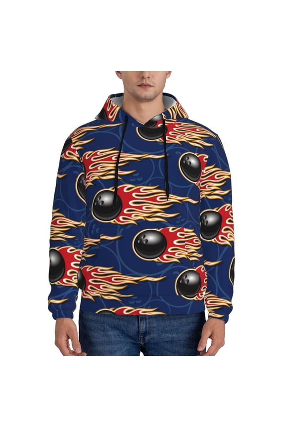 Bowling Ball And Flame Print Mens Casual Hooded Collar Drawstring Hoodies Pullover Sweatshirts Casual Long Sleeve Shirts-X-Large