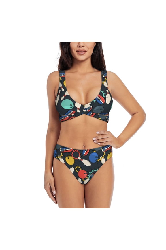 Bowling Ball Print Women's 2 Piece High Waisted Wrap Spaghetti Strap Summer Swimsuit Bikini Set-Medium