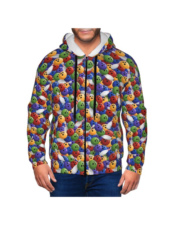 Bowling Colorful Print Men Hoodies Casual Hoodies for Men with Zip Pockets Full Zip Long Sleeve Sweatshirt Sports Hooded Jacket-Medium