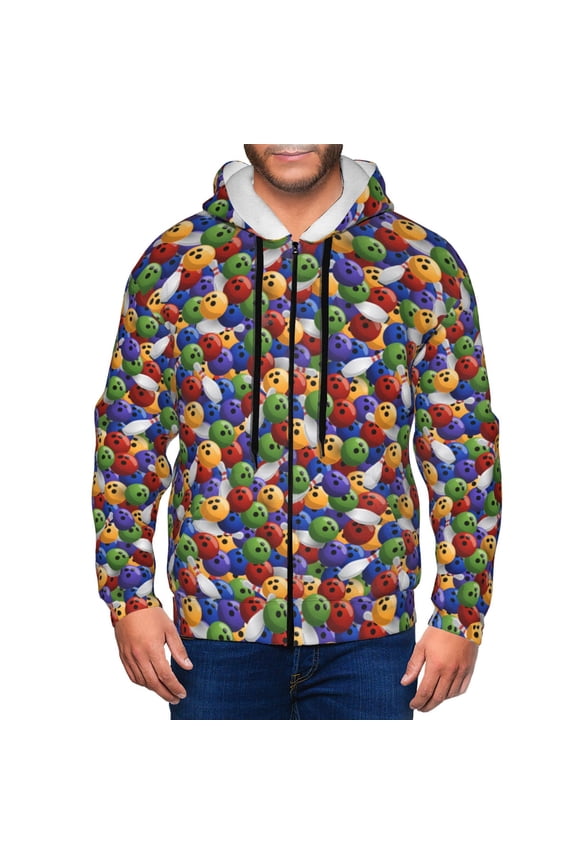 Bowling Colorful Print Men Hoodies Casual Hoodies for Men with Zip Pockets Full Zip Long Sleeve Sweatshirt Sports Hooded Jacket-XX-Large