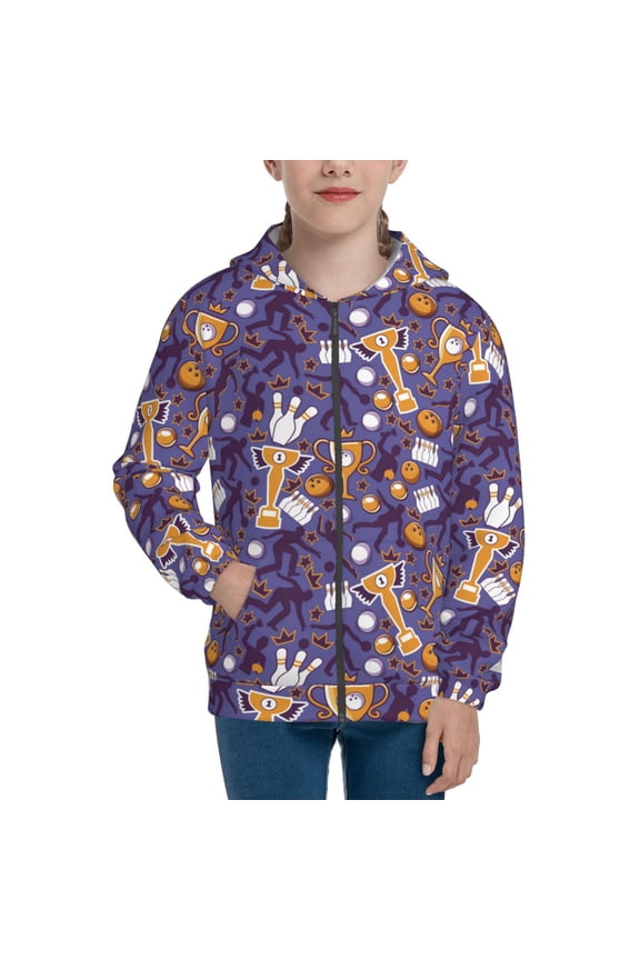 Bowling Game Pattern Kids Boys Girls Zip Up Hoodie 3D Printed Hooded Sweatshirt Hoody Coat with Pocket 7-12 Y-Small