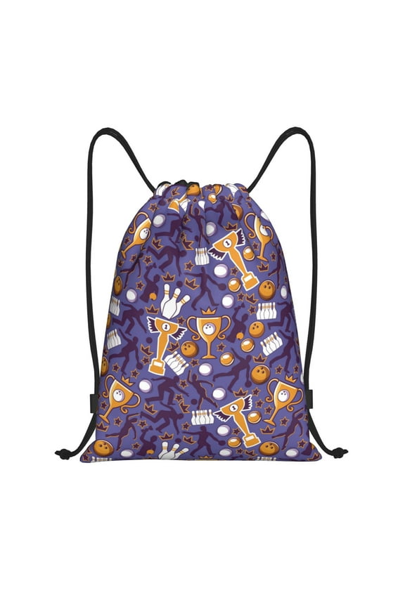 Bowling Game Print Drawstring Backpack Bag,Waterproof Draw String Back Sack, Gym Drawstring Bags Swim Bag For Unisex