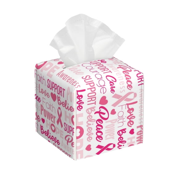 Kdxio Breast Cancer Pink Ribbons Awareness (2) Print Tissue Box Cover,Square Decorative PU Leather Facial Paper Case Organizer Holder Dispenser for Bathroom,Night Stands,Desk,Car 5.2''X5.2''X5.2''