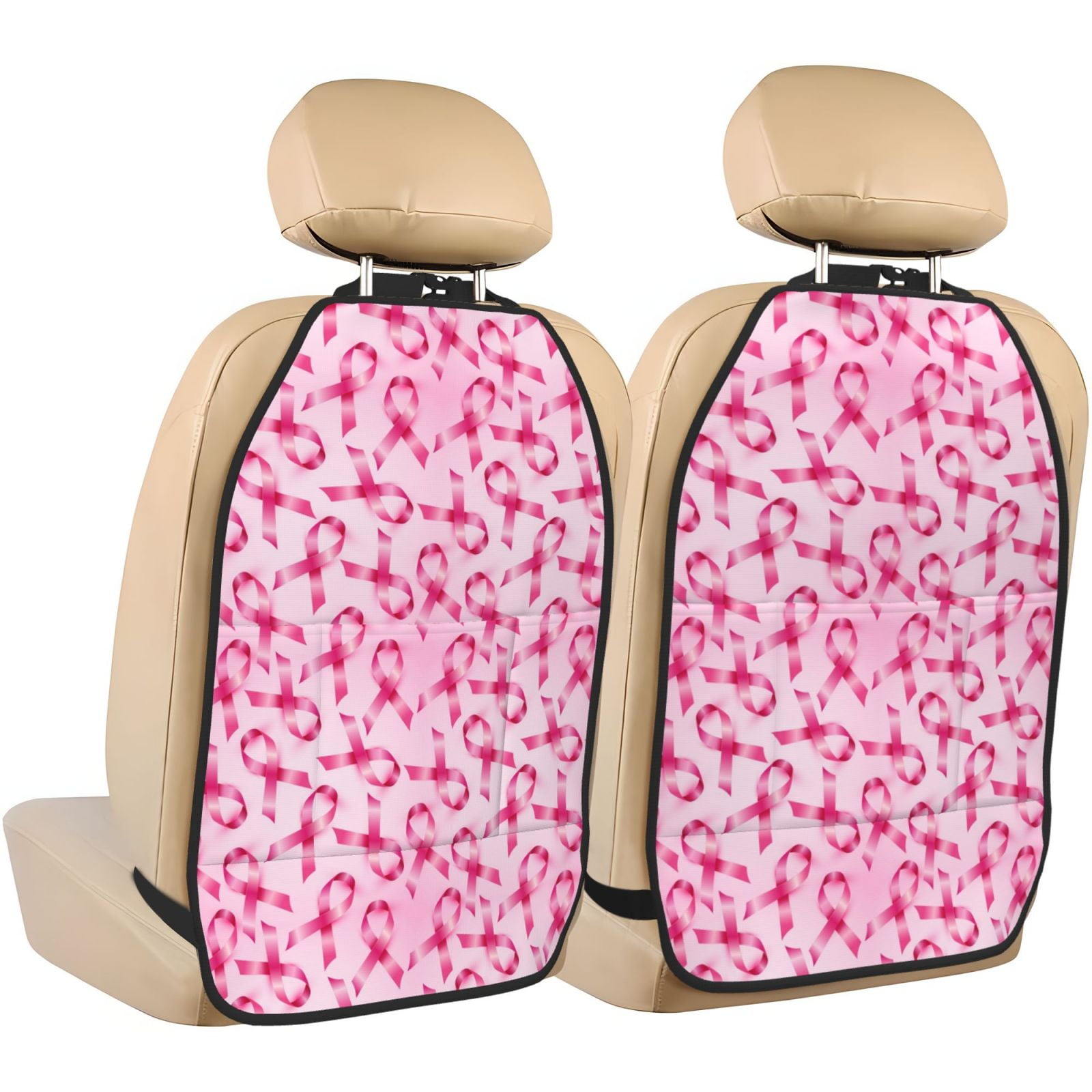 Kdxio Breast Cancer Ribbons Awareness Print 2 Pack Car Kick Mat Seat Cover Back Protector Mat with Pockets for Organizer Backseat Protector and Storage Anti Kick Pad for Vehicles
