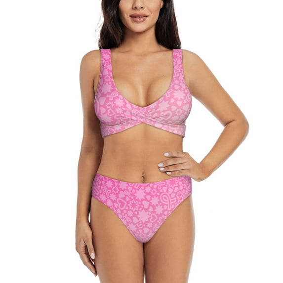 Kdxio Breast CancerN Ribbons Awareness Print Women's 2 Piece High Waisted Wrap Spaghetti Strap Summer Swimsuit Bikini Set-XX-Large