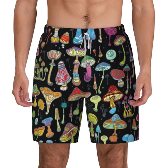 Kdxio Bright Mushrooms Print Men'S Swim Trunks With Compression Liner 7 Inch Inseam Quick Dry Swim Shorts