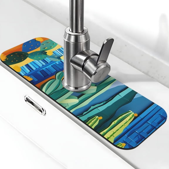 Kdxio Bright Paper Cactus Scene Pattern Non-Slip Diatom Mud Faucet Drain Pad,Self Absorbent Mat for Kitchen Sink for Variety Kitchen & Bathroom Countertops