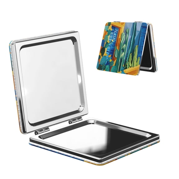Kdxio Bright Paper Cactus Scene Pocket Mirror, 1X/2X Travel Makeup Mirror 2-Sided Folding Small Mirror Portable Double-Sided Magnifying Cosmetic Mirror for Gift-Square