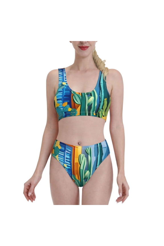 Bright Paper Cactus Scene for Womens High Waisted Bikini Top Sports Style Two Piece Bathing Suits