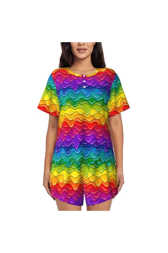 Bright Rainbow Print Pajamas Sets for Women Short-Sleeved Pjs with Lounge Shorts Two Piece Sleepwear S-4XL