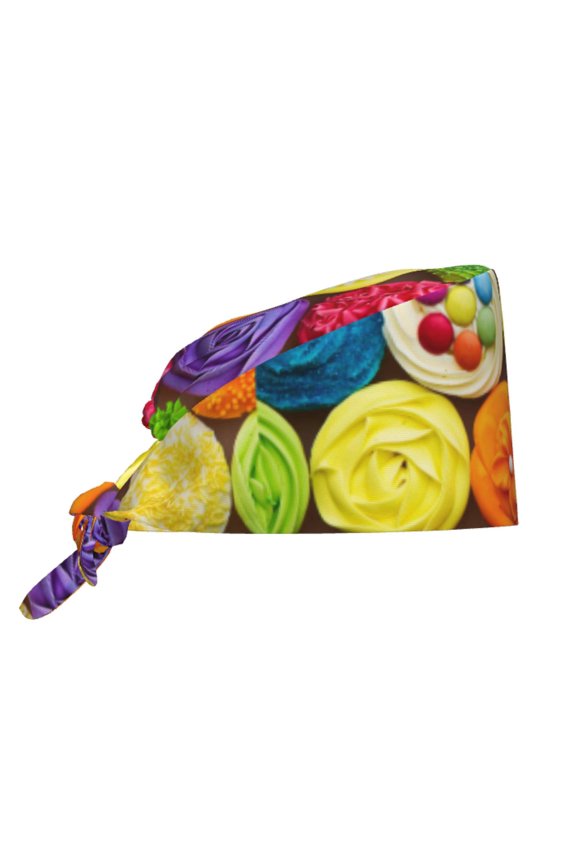 Brightly Colored Cupcakes Pattern Turban Hat for Women Men Comfortable Adjustable Cleaning Working Cap with Sweatband