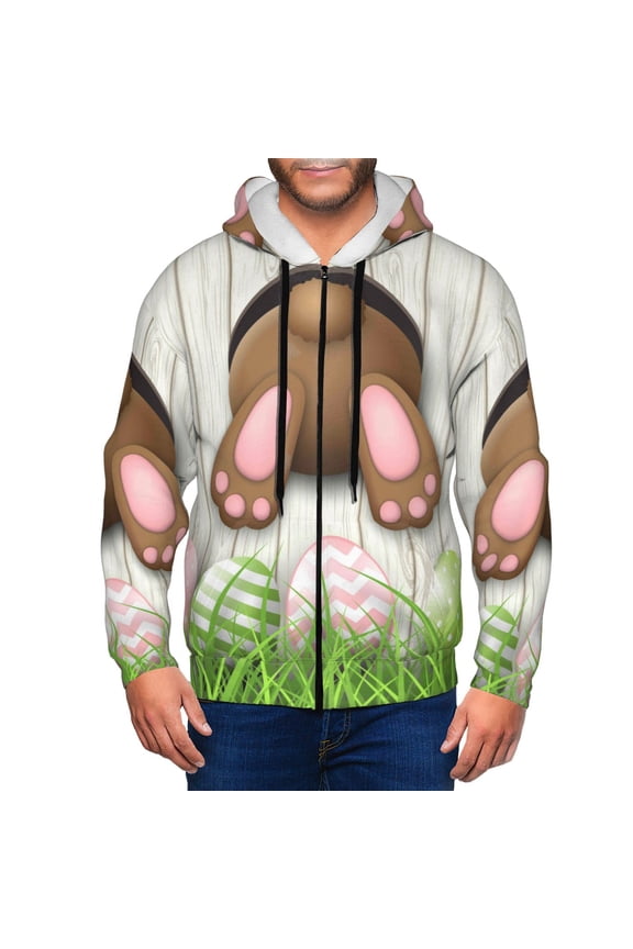 Brown Bunny Print Men Hoodies Casual Hoodies for Men with Zip Pockets Full Zip Long Sleeve Sweatshirt Sports Hooded Jacket-Small