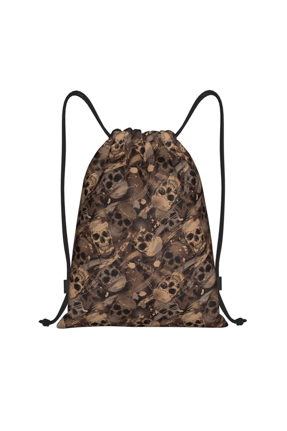 Brown Camouflage Skull Print Drawstring Backpack Bag,Waterproof Draw String Back Sack, Gym Drawstring Bags Swim Bag For Unisex