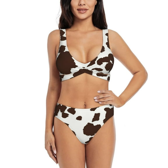 Kdxio Brown Cow Print Women's 2 Piece High Waisted Wrap Spaghetti Strap Summer Swimsuit Bikini Set-Large