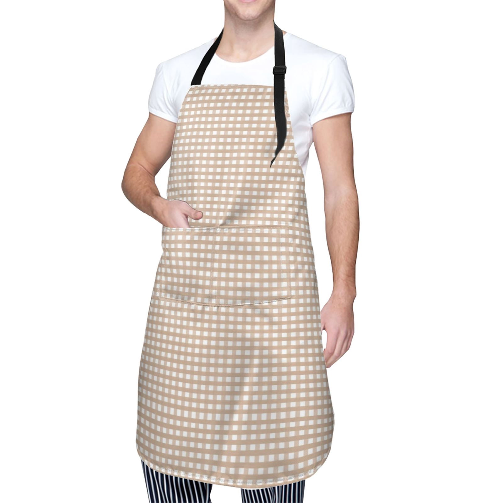 Kdxio Brown Gingham Apron with Pockets Adjustable Kitchen Aprons for Men Women Waterproof Aprons for Cooking,Drawing,Crafting, Baking Household Cleaning