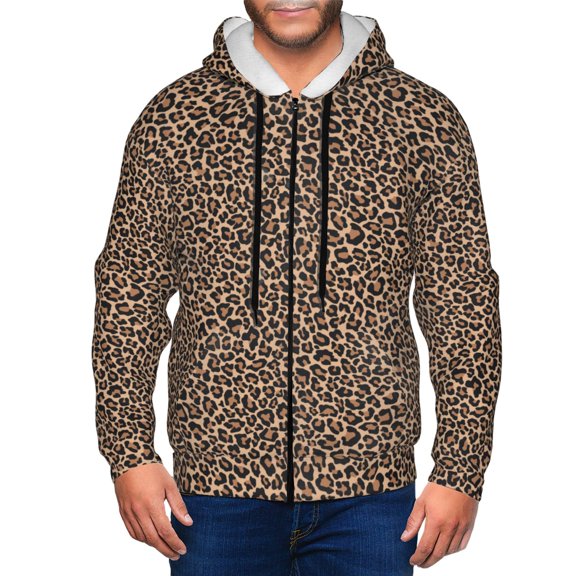 Kdxio Brown Leopard Print Men Hoodies Casual Hoodies for Men with Zip Pockets Full Zip Long Sleeve Sweatshirt Sports Hooded Jacket-Large