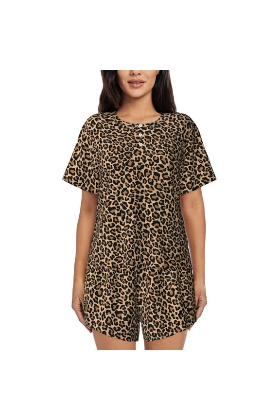 Brown Leopard Print Pajamas Sets for Women Short-Sleeved Pjs with Lounge Shorts Two Piece Sleepwear S-4XL