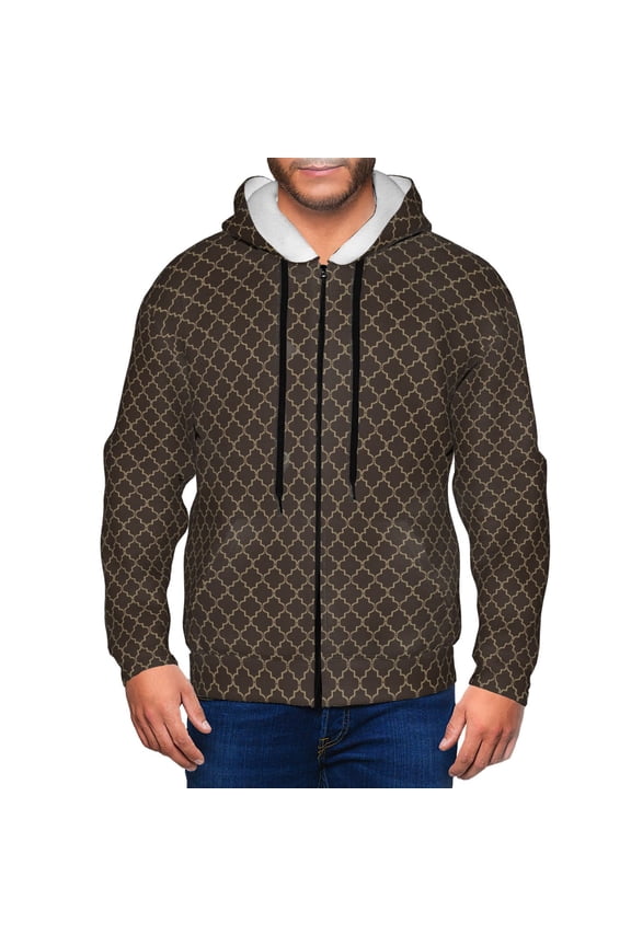 Brown Moroccan Trellis Print Men Hoodies Casual Hoodies for Men with Zip Pockets Full Zip Long Sleeve Sweatshirt Sports Hooded Jacket-Small