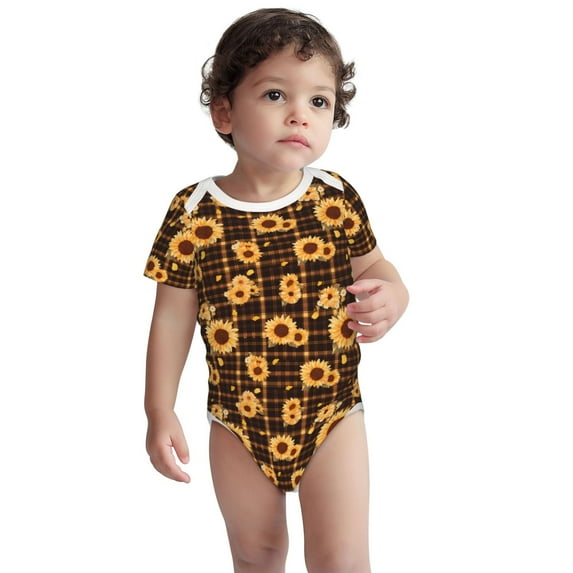 Kdxio Brown Plaid Sunflower Pattern Unisex Baby Cotton Short Sleeve Bodysuits-2 Years
