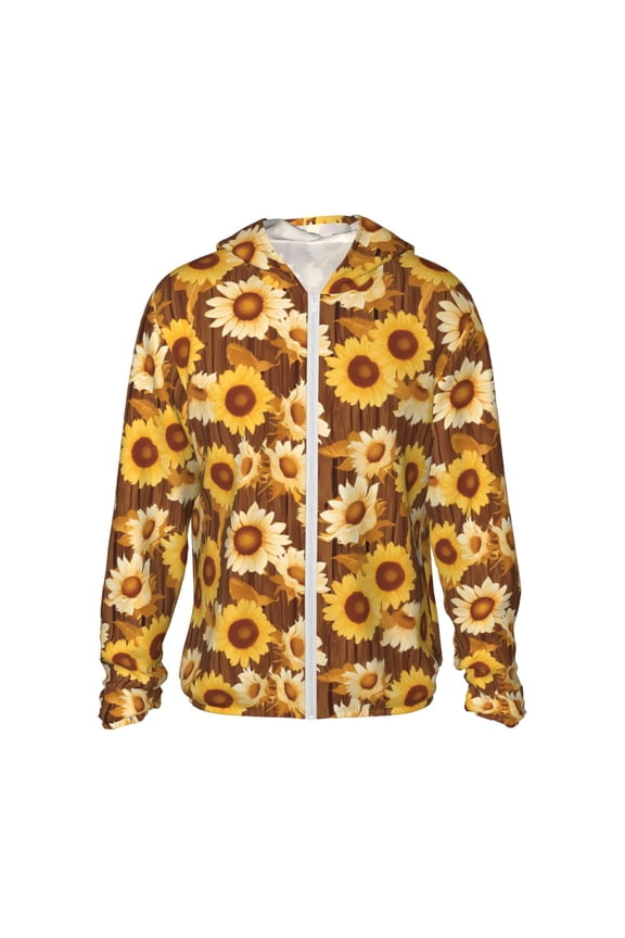Brown Wood Grain Sunflower B Print Women Men Sun Protection UPF 50+ Jackets Zip Up Long Sleeve Hoodie Hiking Lightweight with Pockets
