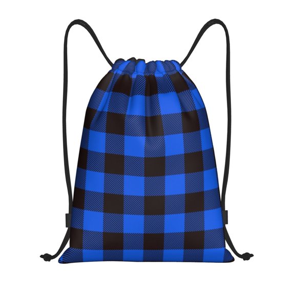 Kdxio Buffalo Plaid Blue Black Print Drawstring Backpack Bag,Waterproof Draw String Back Sack, Gym Drawstring Bags Swim Bag For Unisex