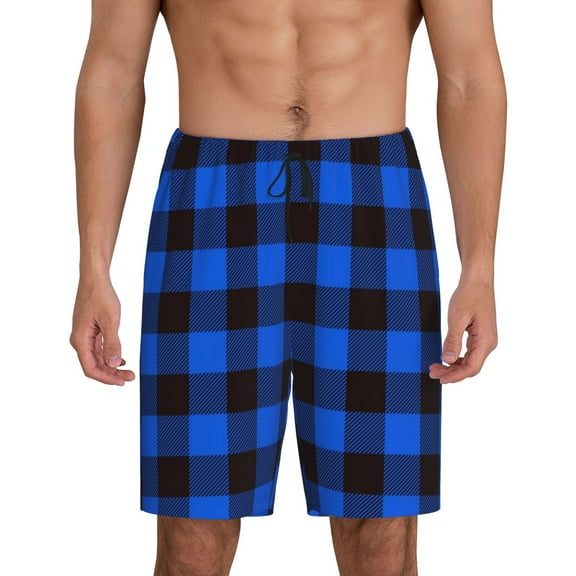Kdxio Buffalo Plaid Blue Black Print Mens Sleep Shorts Bottoms Soft Comfy Pajama Wear Pants with Drawstring Pockets