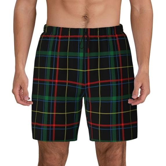 Kdxio Buffalo Plaid Dark Green Print Men'S Swim Trunks With Compression Liner 7 Inch Inseam Quick Dry Swim Shorts
