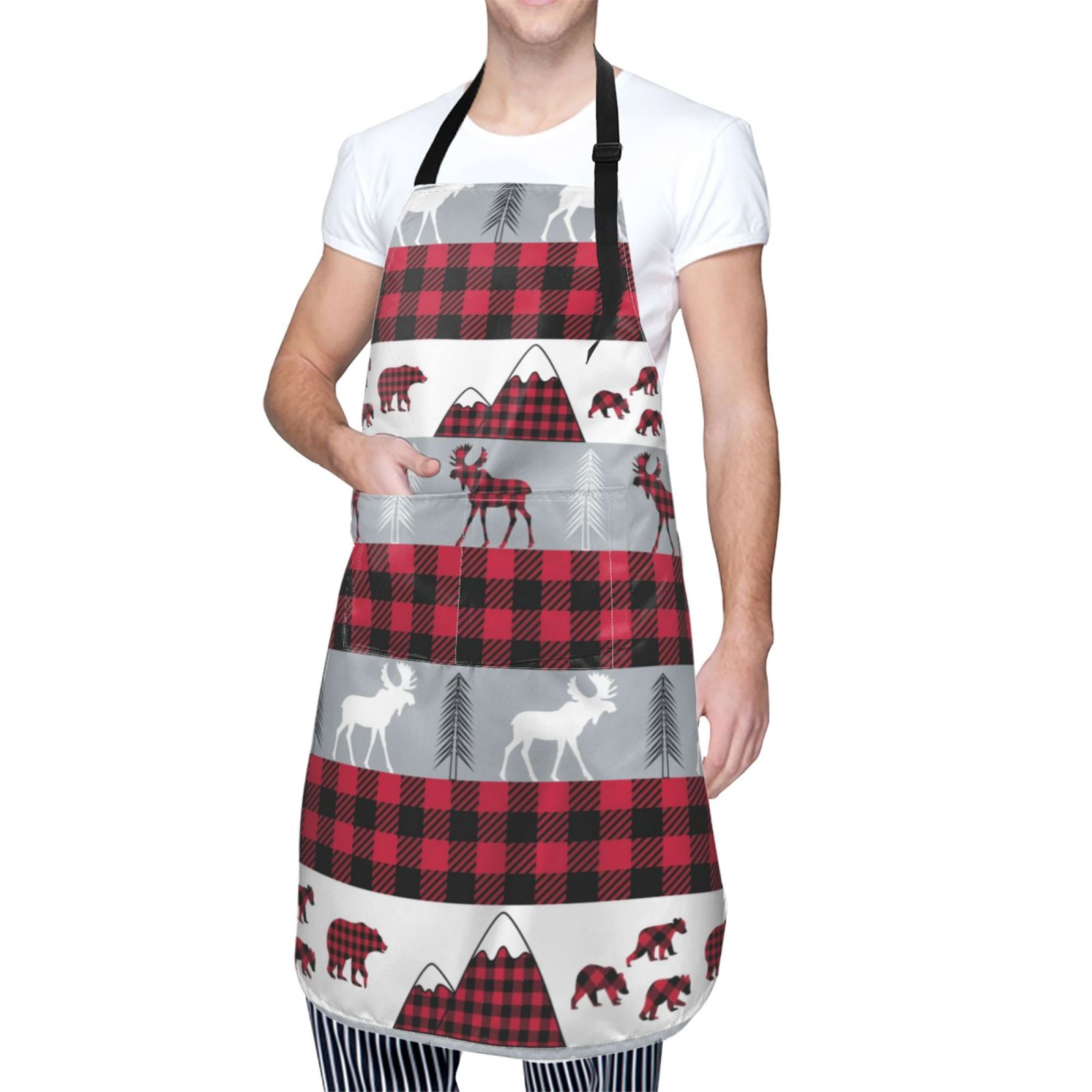 Kdxio Buffalo Plaid Forest Apron with Pockets Adjustable Kitchen Aprons for Men Women Waterproof Aprons for Cooking,Drawing,Crafting, Baking Household Cleaning