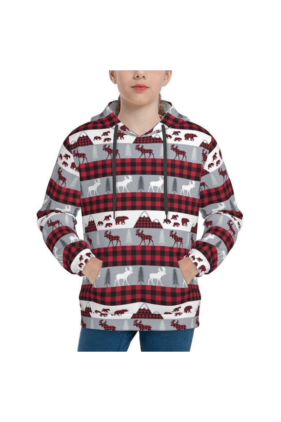 Buffalo Plaid Forest Pattern Boys Athletic Unisex Boys Girls Hoodie with Pocket Sweatshirts-Large