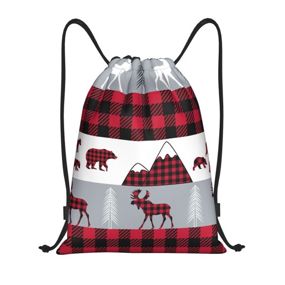 Kdxio Buffalo Plaid Forest Print Drawstring Backpack Bag,Waterproof Draw String Back Sack, Gym Drawstring Bags Swim Bag For Unisex